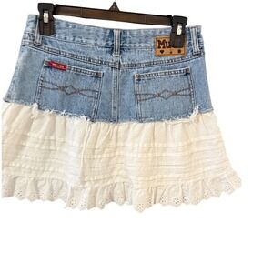 Mudd Vintage Y2K 2000s Denim Eyelet Lace Tiered Mini Skirt Blue White Size 1